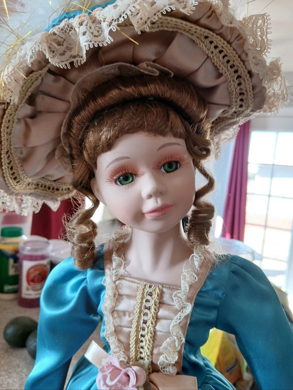 Porcelain Doll in Blue Satin Dress with Lace Trim